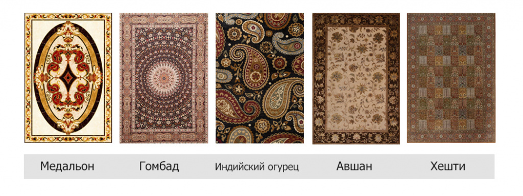 основные виды узоров ковров - медальон, гомбад, индийский огурец, авшан и хешти